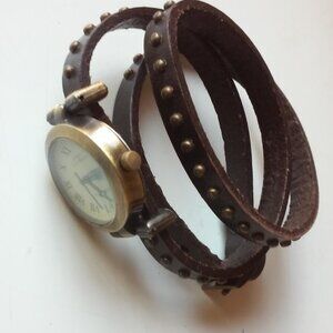 Wrap Watch Quartz Brown Leather 23" Wraps 3 Times Around Wrist Unused Needs Batt
